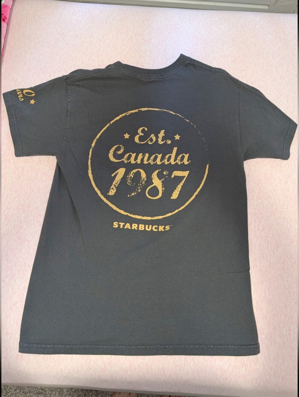 Rare Starbucks Gray Short Sleeve Tee with Gold 'Est. Canada 1987' Graphic